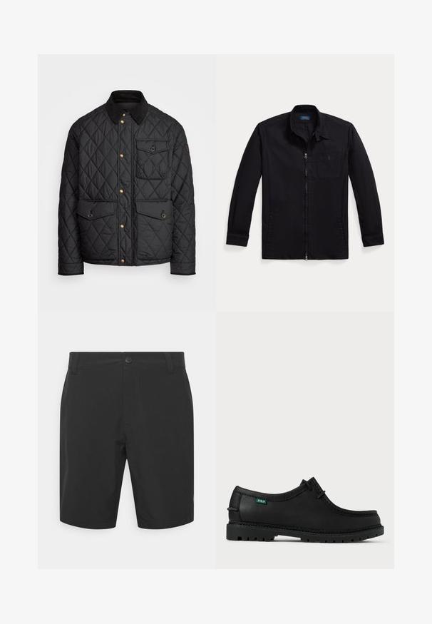 Čierna prešívaná bunda s kordovým golierom, zlatými cvokovými gombíkmi, dvoma prednými vreckami a vreckom na ľavej strane, so záplatou loga.; Čierna bunda vyrobená z ľahkej tkaniny, so zipsom vpredu, bodovým golierom a ľavou náprsnej vreckom s logom. Dlhej rukávy s detailom na manžetách.; Čierne šortky z ľahkého materiálu, so zapínaním na gombík, rovný strih, a bočnými vreckami. Hladká textúra a dĺžka nad kolená.; Čierna kožená topánka s nízkym profilom, okrúhlou špičkou a textúrovanou podrážkou. Obsahuje zelený štítok "POLO" a kontrastné prešívanie pozdĺž okraja.