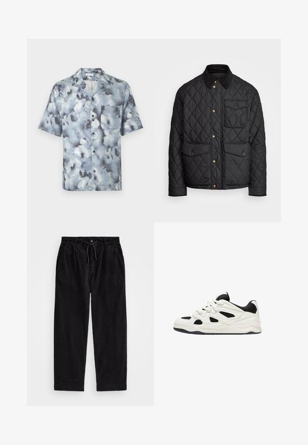 Jachetă neagră matlasată cu gulere din catifea, nasturi aurii, două buzunare frontale și un buzunar pe partea stângă, având un patch cu logo.; Cămașă cu nasturi cu mâneci scurte, guler deschis și buzunar la piept, cu un model abstract de nori în nuanțe de albastru-gri.; Pantaloni negri din catifea cu o croială lejera, având un tiv elastic cu șnur și buzunare laterale. Materialul prezintă o textură ribbed.; Adidași albi și negri cu o talpă texturată, având desene decupate pe laterale și șireturi, și un călcâi căptușit pentru susținere.