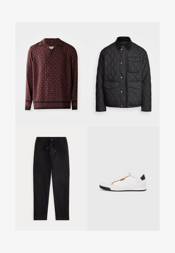 Chaqueta negra acolchada con cuello de pana, botones de presión dorados, dos bolsillos frontales y un bolsillo en el lado izquierdo, con un parche de logo.; Camisa de manga larga con un patrón geométrico burdeos, cuello de punta y cierre frontal con botones. Hecha de una tela suave con un ajuste relajado.; Pantalones casuales negros con cinturilla elástica, cordón ajustable, botón frontal y bolsillos laterales, exhibidos sobre un fondo simple.; Zapatillas deportivas blancas con acentos de malla y cuero. Presentan un logotipo dorado de "BOSS", paneles laterales texturizados y una tapa de talón negra. Suela de goma.