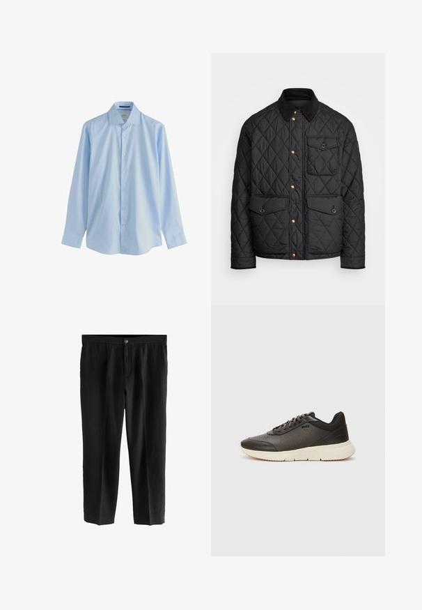 Giacca nera trapuntata con colletto in corduroy, bottoni a pressione dorati, due tasche frontali e una tasca sul lato sinistro, con un patch del logo.; Camicia a maniche lunghe azzurro chiaro con bottoni, realizzata in tessuto morbido, con colletto a punta e sette bottoni frontali, caratterizzata da una vestibilità rilassata e maniche con polsini.; Pantaloni neri realizzati in tessuto leggero, con design a gamba dritta, fronte plissettata e chiusura con un singolo bottone in vita.; Sneaker marrone scuro con tomaia in pelle texturizzata, dettagli perforati e suola leggera color crema. Presenta lacci e un branding discreto.