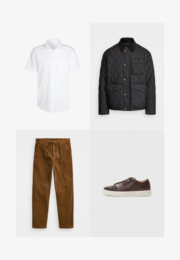 Zwarte gewatteerde jas met een corduroy kraag, gouden drukknoopsluitingen, twee voorzakken en een zak aan de linkerkant, voorzien van een logo patch.; Korte mouwen witte overhemd met knopen van katoen, met een borstzak en een afgeronde zoom voor een casual pasvorm.; Bruine corduroy broek met een elastische tailleband en drawstring, zijzakken en rechte pijpen met een gestructureerde ribbel.; Bruine leren sneaker met een ronde neus, contrasterende witte rubberen zool, gestikte accenten en geen zichtbare veters. Over het algemeen een gladde textuur.