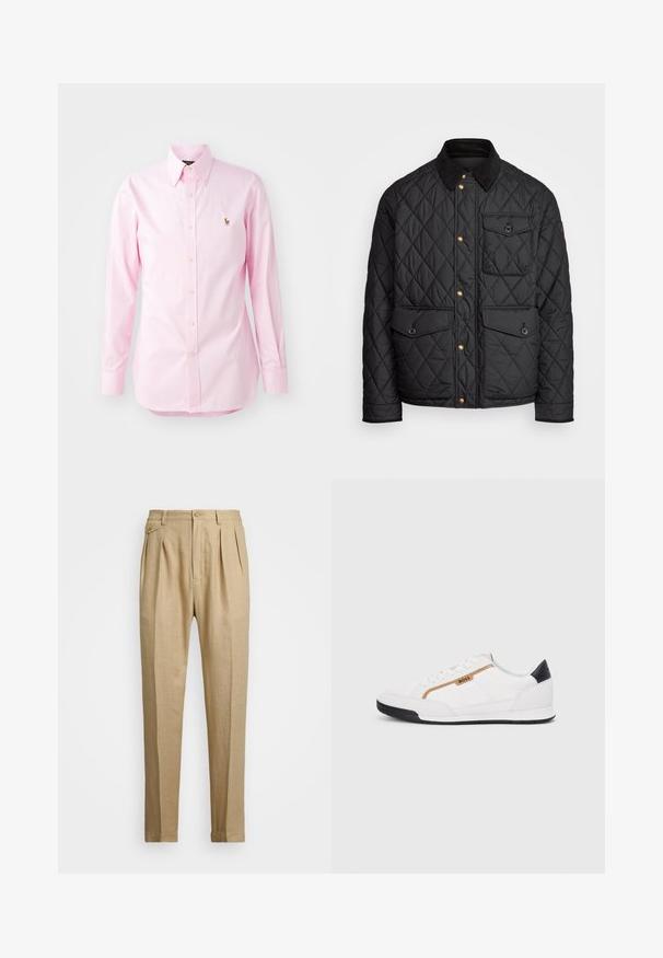 Čierna prešívaná bunda s kordovým golierom, zlatými cvokovými gombíkmi, dvoma prednými vreckami a vreckom na ľavej strane, so záplatou loga.; Svetloružová košeľa na gombíky z bavlny s špicatým golierom, dlhými rukávmi a malou vyšívanou nášivkou na ľavej hrudi.; Bežové ľanové nohavice so strihaním do rovna, so 'dvoma prednými záhybmi, s gombíkovým zapínaním a bočnými vreckami. Textúrovaná látka s hladkým povrchom.; Biele športové topánky s akcentmi z korku a kože. Obsahujú zlaté logo "BOSS", textúrované bočné panely a čierny pätník. Gumová podrážka.