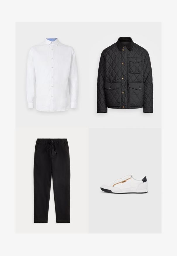 Melnā quiltota jaka ar velveteena apkakli, zeltītām spiedpogas, divām priekšējām kabatām un kabatu kreisajā pusē, ar logotipa uzlīmi.; Balts garām piedurknēm krekls ar pogu priekšu, kuram iekšpusē apkaklē un piedurkņu galos ir gaiši zilas šaha formas raksts. Gluda auduma tekstūra.; Melnas ikdienas bikses ar elastīgu josta, aukliņu, priekšējo pogu un sānu kabatām, attēlotas uz neitrāla fona.; Baltijas krāsā baltas sporta kurpes ar acu un ādas akcentiem. Iezīmējas ar zelta "BOSS" logo, teksturētām sānu paneļiem un melnu papēža kapu. Gumijas zole.