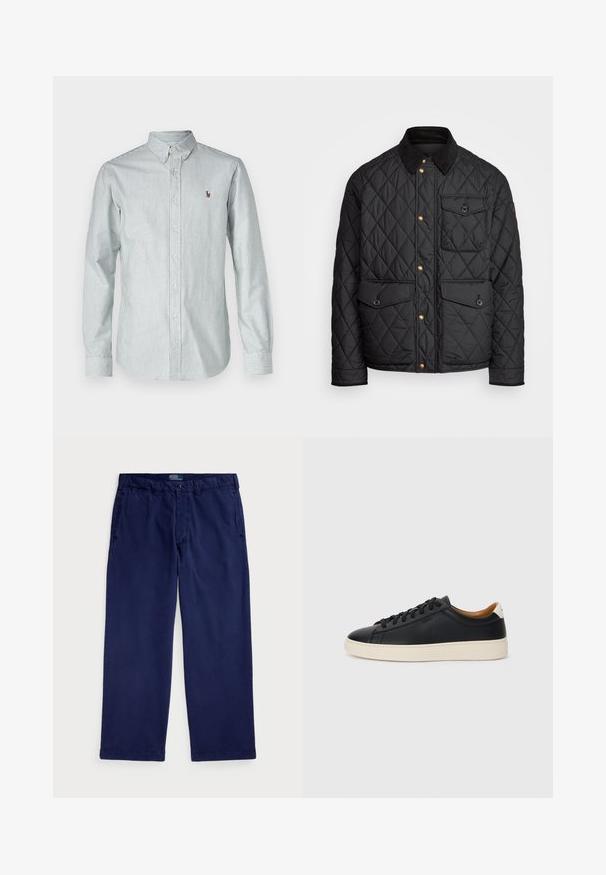 Casaco acolchoado preto com colarinho de veludo cotelê, botões de pressão dourados, dois bolsos frontais e um bolso no lado esquerdo, apresentando um patch de logotipo.; Polo Ralph Lauren SLIM FIT STRIPED OXFORD SHIRT - Camisa - pine/white; Chino de algodão azul-marinho com um design de perna reta, apresentando bolsos laterais e um fecho de botão na cintura. Textura suave, ajuste clássico.; Tenis de couro preto com uma textura suave, sola de borracha bege, design de atar e um destaque no calcanhar em contraste.