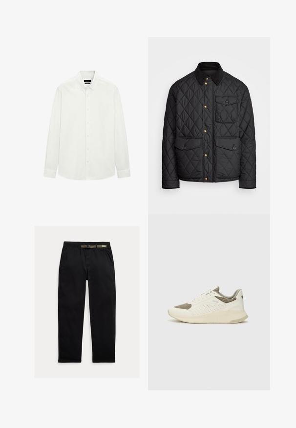 Zwarte gewatteerde jas met een corduroy kraag, gouden drukknoopsluitingen, twee voorzakken en een zak aan de linkerkant, voorzien van een logo patch.; Witte lange mouwen button-up shirt met knoop-down kraag en standaard manchetten, plat weergegeven tegen een witte achtergrond.; Zwarte broek van lichtgewicht stof, met een elastische tailleband en een geïntegreerde groene riem, recht model en zijzakken.; Witte en lichtbeige sport sneaker, met een bovenwerk van mesh, geperforeerde details en een gestructureerde tussenzool met branding op de hiel.