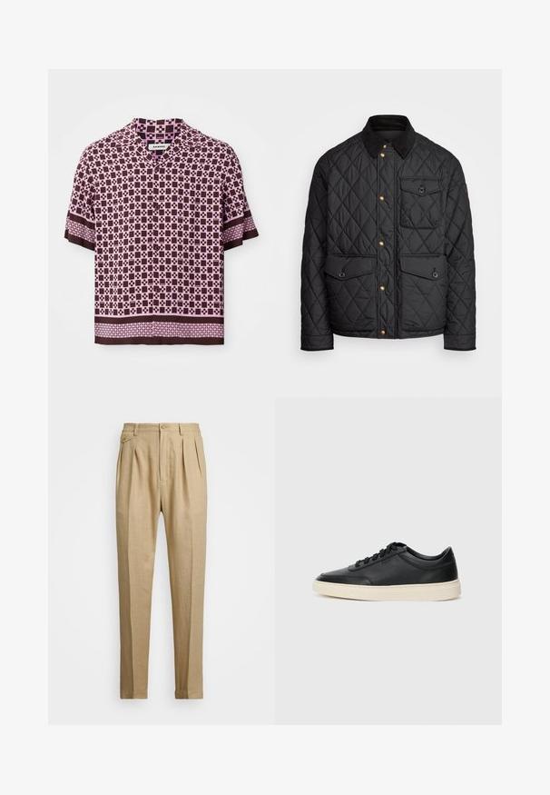 Fekete steppelt dzseki corduroy gallérral, arany snap gombokkal, két elülső zsebbel és egy bal oldali zsebbel, logó jelvénnyel.; Rövid ujjú ing, amely barna és rózsaszín geometrikus mintával rendelkezik. Könnyű anyagból készült, galléros nyakkivágással és gombos záródással.; Beige vászon nadrág egyenes szabással, két első redővel, gombos záródással és oldalzsebekkel. Tömör textúrájú anyag sima felülettel.; Fekete, alacsony szárú bőrsneaker fekete fűzőkkel és törtfehér talppal, oldalnézetben, fehér háttér előtt.