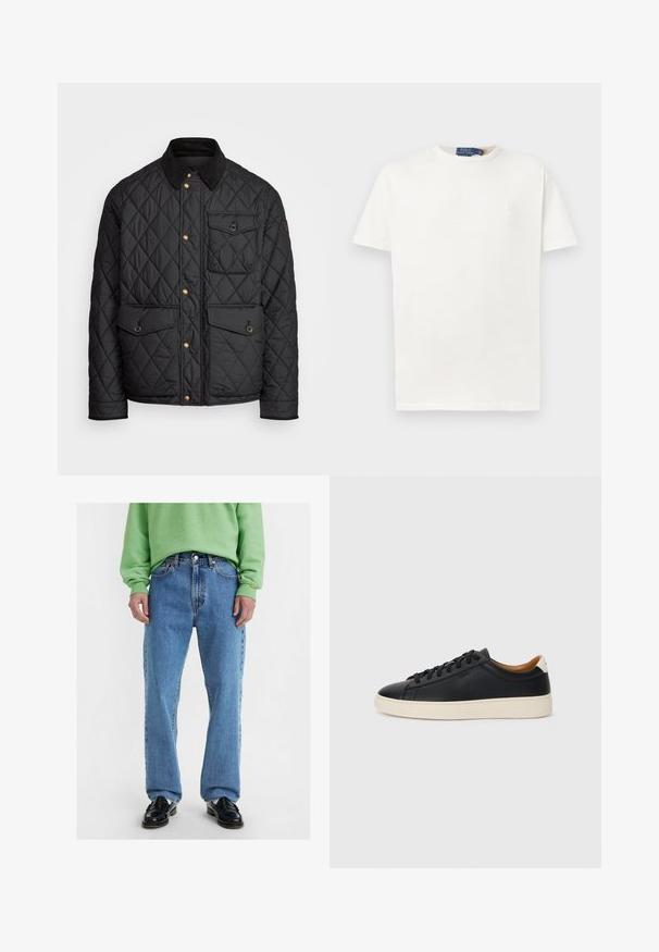 Juodas margintas paltas su kanapių apykakle, auksiniais spaudžiamais mygtukais, dviem priekinių didelėms kišenėms ir kišene kairėje pusėje, su logotipo etikete.; Balta trumpomis rankovėmis marškinėliai su apvalia iškirpte, su subtiliu išsiuvinėtu logotipu kairiajame krūtinės kampe ir prekinio ženklo etiketė kailiuke.; Šviesiai mėlyni tiesaus kirpimo džinsai su klasikine penkių kišenių dizaino forma, pasižymintys tvirta džinsine medžiaga ir kontrastinėmis siūlėmis.; Juodos odinės sportbačiai su lygiu paviršiumi, smėlio spalvos guminis padas, raišteliais užsegama konstrukcija ir kontrastingas kulno akcentas.