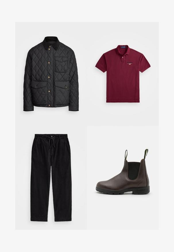 Veste noire matelassée avec un col en velours côtelé, des boutons-pression dorés, deux poches avant et une poche sur le côté gauche, avec un patch logo.; Polo shirt bordeaux en coton, avec un col classique, une patte de boutonnage à deux boutons et un petit logo brodé sur la poitrine.; Pantalons en velours côtelé noir avec une coupe décontractée, dotés d'une taille élastique avec cordon de serrage et de poches latérales. Le tissu présente une texture côtelée.; Bottine Chelsea en cuir marron avec des panneaux élastiques sur les côtés, des anses en haut et une semelle en caoutchouc durable, présentant une finition lisse.