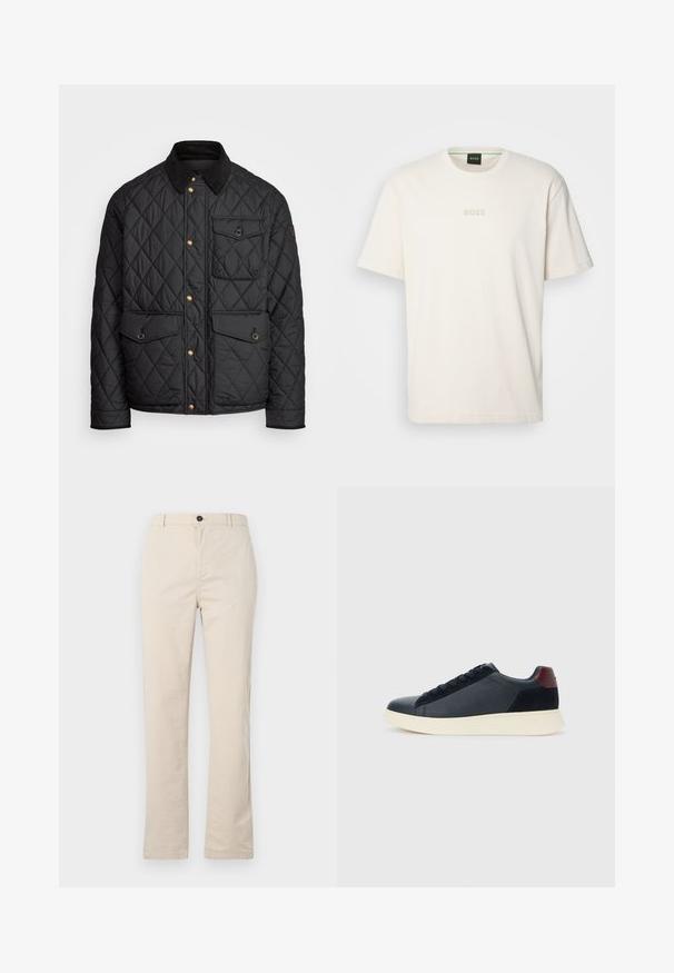 Must mustriga jakk, millel on sametkaelus, kuldsed nööbid, kaks eesmist taskut ja tasku vasakul küljel, millel on logotäht.; BOSS TEE - Lihtne T-särk - open white; Heledad beez pruunid puuvillased püksid sirge jala disainiga, millel on ees nupuga sulgur, tõmbluku avamine ja minimaalsed õmblemise detailid.; Madala stiilis meeste toss mustast nahast ja seemisnahast, marooni värvi kanna detailiga ja valge kummist tallaga, vaatega välisküljelt.