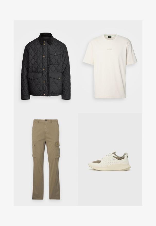 Schwarze gesteppte Jacke mit einem Cordkragen, goldenen Druckknöpfen, zwei Fronttaschen und einer Tasche auf der linken Seite, die ein Logopatch aufweist.; BOSS TEE - T-Shirt basic - open white; Khakifarbene Cargo-Hosen aus Baumwolle mit geraden Beinen, zwei Seitentaschen und einem kleinen gelben Logo-Patch auf der linken Tasche.; Weiße und hellbeige Sport Sneakers, ausgestattet mit einem Obermaterial aus Netzgewebe, perforierten Details und einer strukturierten Zwischensohle mit Branding an der Ferse.
