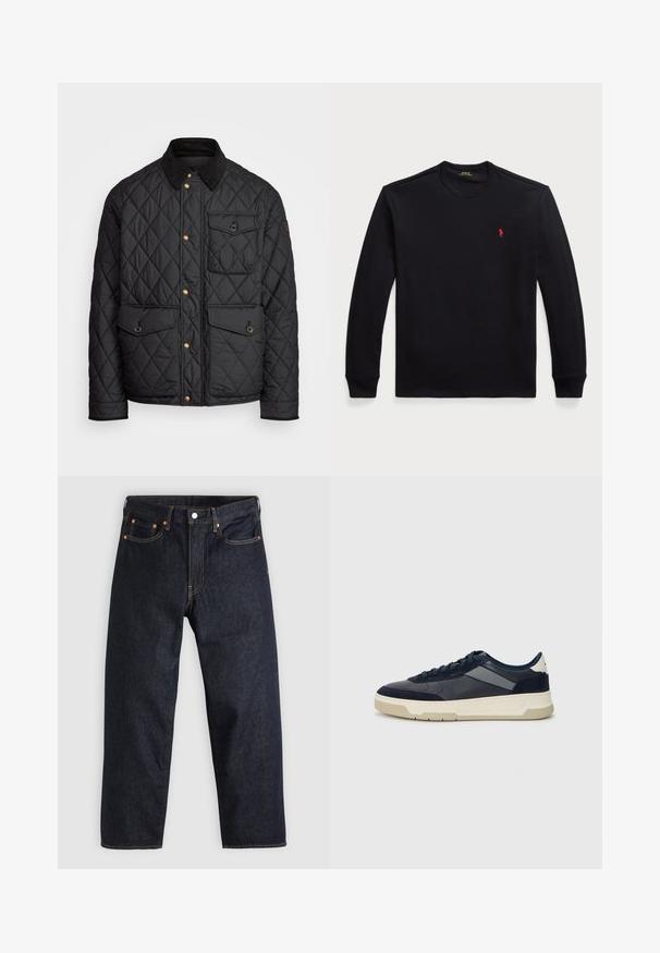 Black quilted jacket with a corduroy collar, gold snap buttons, two front pockets, and a pocket on the left side, featuring a logo patch.; Long-sleeve black cotton shirt with crew neckline, featuring a small red logo on the chest. Smooth texture and fitted design.; Dark blue denim jeans with a straight cut, five pockets, contrasting orange stitching, and a button fly. No visible patterns or embellishments.; BOSS BALTIMORE - Trainers - open blue