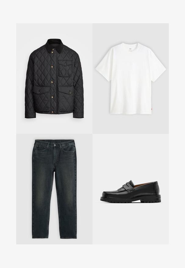 Černá prošívaná bunda s kordovým límcem, zlatými patentkami, dvěma předními kapsami a jednou kapsou na levé straně, která obsahuje nášivku s logem.; Bílý krátký rukáv tričko vyrobené z bavlny s kulatým výstřihem. Na přední straně se nachází decentní embosované logo a červená cedulka na lemu.; Tmavě modré džíny z denimu se střihy rovnými nohavicemi, obsahující pět kapes, zipový pas a kontrastní šití. Jemné blednutí na látce.; Černé kožené mokasíny mají zvýšený šev, dvě dekorativní pásky na svršku a silnou strukturovanou podrážku pro lepší přilnavost.