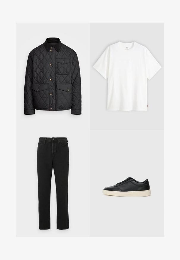 Juodas margintas paltas su kanapių apykakle, auksiniais spaudžiamais mygtukais, dviem priekinių didelėms kišenėms ir kišene kairėje pusėje, su logotipo etikete.; Baltas trumpas rankovės marškinėlis, pagamintas iš medvilnės, su apvalia iškirpte. Priekyje yra subtilus iškilus logotipas ir raudonas etiketas ant apačios.; Juodos tiesios kojelės džinsai su priekiniais mygtukais ir užtrauktuku, diržo kilputėmis ir penkių kišenių dizainu, pristatyti baltoje fone.; Juoda žema viršutinė odinė sportbačiai su juodais raišteliais ir kreminiu padu, pateikti šoniniame profilyje ant baltos fono.