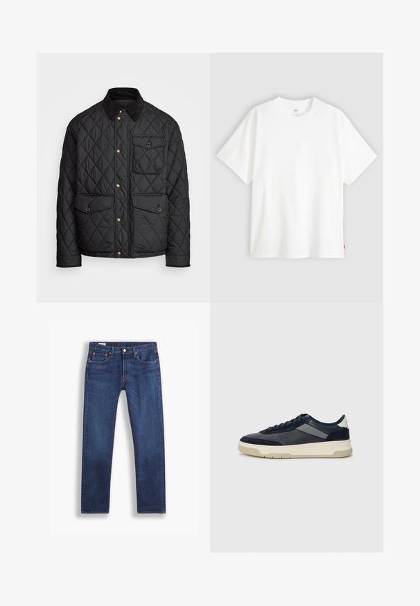 Must mustriga jakk, millel on sametkaelus, kuldsed nööbid, kaks eesmist taskut ja tasku vasakul küljel, millel on logotäht.; Valge lühikeste varrukatega puuvillane T-särk, millel on ümmargune kaelus. Ees on peene reljeefse logoga detail ja hemmi peal punane silt.; Tumedad sinised sirged püksid klassikalise viie-tasku stiiliga ja nööbiga sulgemine, shown valge tausta taustal.; BOSS BALTIMORE - Tossud - open blue