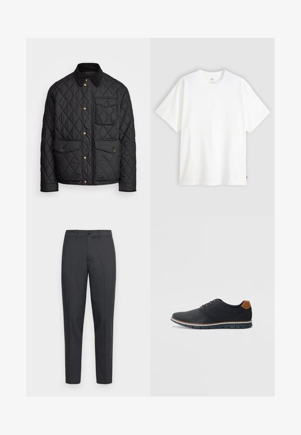Fekete steppelt dzseki corduroy gallérral, arany snap gombokkal, két elülső zsebbel és egy bal oldali zsebbel, logó jelvénnyel.; Fehér, rövid ujjú pamut póló, kerek nyakkivágással. Az elülső részen finom, domború logós részlet található, valamint egy piros cimke az alsó szegélyen.; Szürke nadrág textúrált anyagból, egyenes lábbal, oldalsó zsebekkel, egy elöl lévő gombbal és övhurkokkal.; Fekete szintetikus cipők, textúrált felsőrésszel, sima díszítésekkel, barna sarkával és kontrasztos talppal. Minimális fűzéssel és varrási részletekkel rendelkezik.
