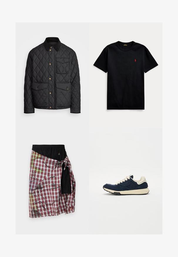 Casaco acolchoado preto com colarinho de veludo cotelê, botões de pressão dourados, dois bolsos frontais e um bolso no lado esquerdo, apresentando um patch de logotipo.; T-shirt de algodão preto com mangas curtas, decote redondo e pequeno logo bordado a vermelho no lado esquerdo do peito. Textura suave, design casual.; Saia aos quadrados com padrões em vermelho, verde e preto; possui uma cintura elástica preta e um fecho com laço lateral. Feita de tecido leve.; Tênis azul-marinho com upper de camurça texturizada, atacadores creme e meio-sola bege. Apresenta um design atlético clássico e sola de borracha.