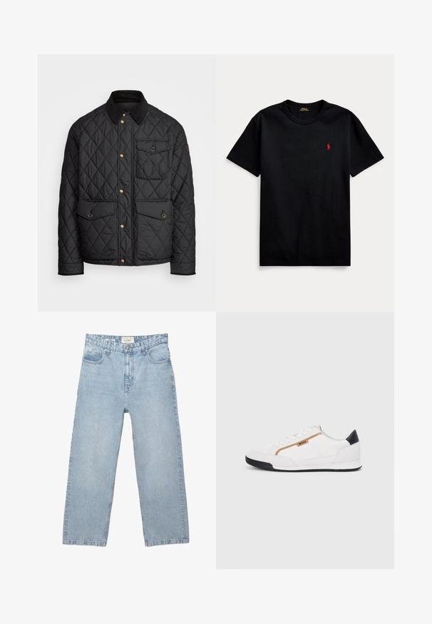 Čierna prešívaná bunda s kordovým golierom, zlatými cvokovými gombíkmi, dvoma prednými vreckami a vreckom na ľavej strane, so záplatou loga.; Čierne bavlnené tričko s krátkymi rukávmi, okrúhlym výstrihom a malým červeným vyšívaným logom na ľavej hrudi. Hladká textúra, ležérny dizajn.; Svetlomodré džínsy z denimu s voľným strihom rovného strihu, obsahujúce päť vreciek, zapínanie na gombík a jemné vyblednutie po celom povrchu.; Biele športové topánky s akcentmi z korku a kože. Obsahujú zlaté logo "BOSS", textúrované bočné panely a čierny pätník. Gumová podrážka.