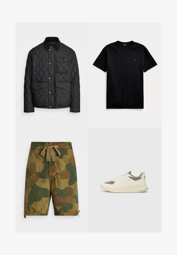 Črna prešita jakna s čimprijem ovratnikom, zlatimi gumbki, dvema sprednjima žepoma in enim žepom na levi strani, ki vsebuje žepno nalepko.; Črna bombažna majica s kratkimi rokavi, okroglo izrezana in z majhnim rdečim vezenim logotipom na levem prsnem delu. Gladka tekstura, sproščen dizajn.; Kamuflažne kratke hlače v odtenkih zelene in rjave, narejene iz lahkotnega blaga, z vrvico za prilagajanje v pasu in nabranimi robovi.; Beli in svetlo bež športni copat, s mrežastim zgornjim delom, perforiranimi detajli in teksturirano srednjim delom z blagovno znamko na peti.
