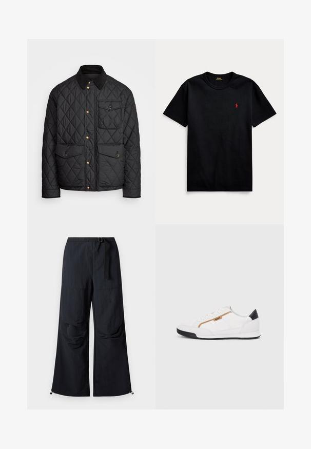 Casaco acolchoado preto com colarinho de veludo cotelê, botões de pressão dourados, dois bolsos frontais e um bolso no lado esquerdo, apresentando um patch de logotipo.; T-shirt de algodão preto com mangas curtas, decote redondo e pequeno logo bordado a vermelho no lado esquerdo do peito. Textura suave, design casual.; Calças largas pretas, feitas de um tecido leve, com um cinto na cintura, bolsos frontais e bainhas ajustáveis com cordões.; Tênis atléticos brancos com detalhes em malha e couro. Apresenta um logotipo dourado "BOSS", painéis laterais texturizados e um capô de calcanhar preto. Sola em borracha.