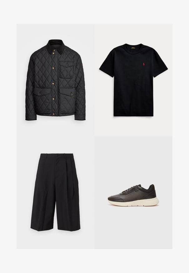 Casaco acolchoado preto com colarinho de veludo cotelê, botões de pressão dourados, dois bolsos frontais e um bolso no lado esquerdo, apresentando um patch de logotipo.; T-shirt de algodão preto com mangas curtas, decote redondo e pequeno logo bordado a vermelho no lado esquerdo do peito. Textura suave, design casual.; Calções plissados pretos feitos de um tecido com uma textura suave, apresentando um fecho frontal com botão e pernas largas e soltas.; Sapatilha castanho-escura com um cabedal de pele texturizada, detalhes perfurados e uma sola leve de cor creme. Possui atacadores e uma marcação discreta.