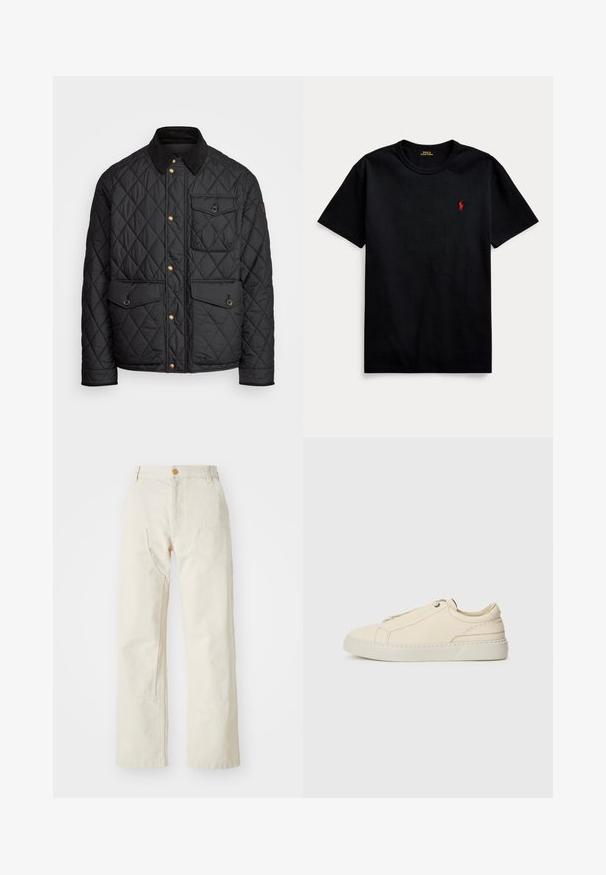 Czarna pikowana kurtka z kołnierzem z sztruksu, złotymi zatrzaskami, dwoma przednimi kieszeniami oraz kieszenią po lewej stronie, z naszywką z logo.; Czarna bawełniana koszulka z krótkim rękawem, okrągłym dekoltem i małym czerwonym haftowanym logo po lewej stronie klatki piersiowej. Gładka tekstura, casualowy design.; Beżowe spodnie szerokie wykonane z bawełny, z zapięciem na guziki, dwiema bocznymi kieszeniami i prostym krojem, o gładkiej fakturze.; Beżowe skórzane sneakersy z zaokrąglonym noskiem, minimalistycznym designem, subtelnymi przeszyciami i teksturowaną cholewką, na jasnej podeszwie.
