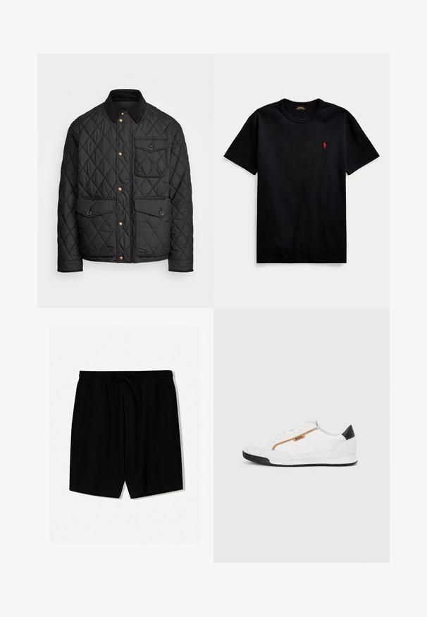 Black quilted jacket with a corduroy collar, gold snap buttons, two front pockets, and a pocket on the left side, featuring a logo patch.; Black cotton t-shirt with short sleeves, crew neck, and small red embroidered logo on the left chest. Smooth texture, casual design.; Black shorts made of lightweight fabric featuring an elastic waistband with a drawstring, front pleats, and above-knee length.; White athletic shoes with mesh and leather accents. Features a gold "BOSS" logo, textured side panels, and a black heel cap. Rubber sole.