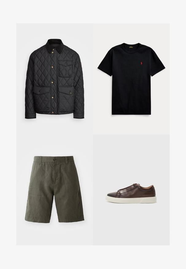 Casaco acolchoado preto com colarinho de veludo cotelê, botões de pressão dourados, dois bolsos frontais e um bolso no lado esquerdo, apresentando um patch de logotipo.; T-shirt de algodão preto com mangas curtas, decote redondo e pequeno logo bordado a vermelho no lado esquerdo do peito. Textura suave, design casual.; Calções de linho verde-escuro com fecho de botão e passantes para cinto, apresentando um corte reto e uma textura suave.; Sapatilha de couro castanho com bico arredondado, sola de borracha branca em contraste, detalhes costurados e sem atacadores visíveis. Textura lisa em todo o conjunto.