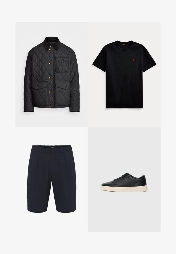 Juodas margintas paltas su kanapių apykakle, auksiniais spaudžiamais mygtukais, dviem priekinių didelėms kišenėms ir kišene kairėje pusėje, su logotipo etikete.; Juodas medvilninis marškinėliai su trumpomis rankovėmis, apvalia kaklo iškirpte ir mažyčiu raudonu siuvinėtu logotipu kairiajame krūtinės kampe. Lygi tekstūra, kasdienis dizainas.; Jūriniai audiniai šortai su tekstūruotu paviršiumi, turintys laisvą siluetą, elastingą juosmenį ir priekinę klostę. Paprastas dizainas be kišenių.; Juoda žema viršutinė odinė sportbačiai su juodais raišteliais ir kreminiu padu, pateikti šoniniame profilyje ant baltos fono.
