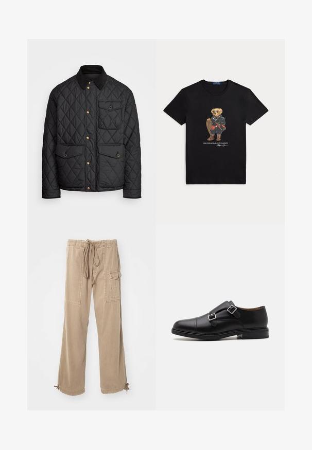 Schwarze gesteppte Jacke mit einem Cordkragen, goldenen Druckknöpfen, zwei Fronttaschen und einer Tasche auf der linken Seite, die ein Logopatch aufweist.; Schwarzes T-Shirt mit Rundhalsausschnitt und einer Grafik eines Bären, der Sonnenbrillen trägt, Winterkleidung anhat und eine Schneeschuh hält, mit der Aufschrift "Polo Bear by Ralph Lauren".; Beige Cargo-Hosen mit elastischem Bund, weitem Bein, Seitentaschen und Bindebändern am Saum. Hergestellt aus weichem, strapazierfähigem Baumwollmaterial.; Schwarze Leder-Halbschuh mit doppeltem Schnallenverschluss, abgerundeter Zehenpartie, dezenter Naht und flacher, strukturiertem Gummisohle.