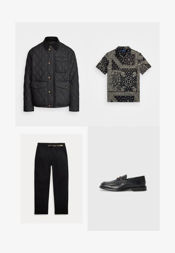 Svart quiltad jacka med en kordflöjelskrage, gyllene tryckknappar, två framfickor och en ficka på vänster sida, försedd med en logotypapplikation.; Svart kortärmad skjorta med bandana-mönster i vit intrikat design och en liten broderad logotyp på bröstet. Klassisk krage.; Svarta byxor tillverkade av lättviktigt tyg, med en elastisk midja och ett integrerat grönt bälte, rakt ben och sidofickor.; Svarta läderloafers har en rund tå, sömnadsdetaljer och en liten guldaccent framtill. Sulan är platt och diskret.