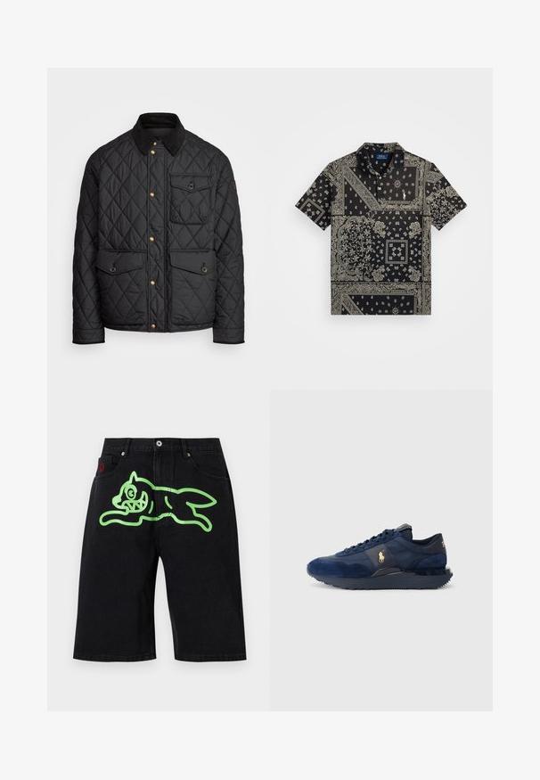 Crni quiltani kaput s ovratnikom od fiksa, zlatnim dugmadi na preklop, dva prednja džepa i džepom s lijeve strane, s logom na zakrpi.; Crna majica kratkih rukava s uzorkom bandane i složenim bijelim motivima te malim izvezenim logotipom na prsima. Klasičan dizajn ovratnika.; Icecream RUNNING DOG - Kratke hlače od trapera - black denim; Mornarsko plave atletske cipele od suede i mrežastog materijala, s gumenenim đonom, dizajnom na vezivanje i zlatnim logotipom.