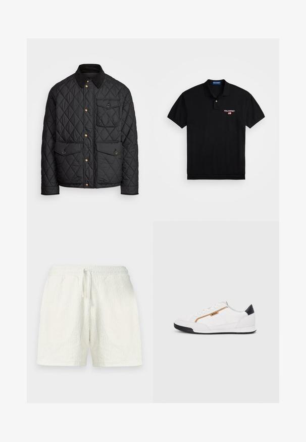 Casaco acolchoado preto com colarinho de veludo cotelê, botões de pressão dourados, dois bolsos frontais e um bolso no lado esquerdo, apresentando um patch de logotipo.; Polo Ralph Lauren SHORT SLEEVE - Polo - black/white; Calções brancos feitos de tecido texturizado com padrão geométrico. Cintura elástica com cordão para ajuste regulável.; Tênis atléticos brancos com detalhes em malha e couro. Apresenta um logotipo dourado "BOSS", painéis laterais texturizados e um capô de calcanhar preto. Sola em borracha.