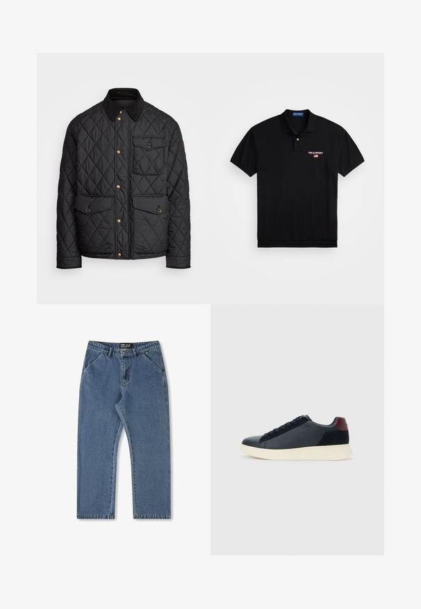 Črna prešita jakna s čimprijem ovratnikom, zlatimi gumbki, dvema sprednjima žepoma in enim žepom na levi strani, ki vsebuje žepno nalepko.; Polo Ralph Lauren SHORT SLEEVE - Polo majica - black/white; Modri denim kavbojki s ravno nogo, srednjim pasom in klasičnim petimi žepi. Imajo subtilno bledeče madeže in šivane podrobnosti.; Nizke moške tenisice iz črnega usnja in semiša z vijoličnim petnim delom in belim gumijastim podplatom, prikazane s sprednje strani.