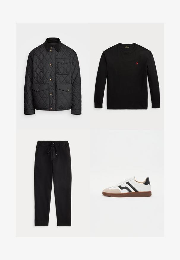 Jachetă neagră matlasată cu gulere din catifea, nasturi aurii, două buzunare frontale și un buzunar pe partea stângă, având un patch cu logo.; Tricou negru cu mânecă lungă din bumbac. Are guler rotund, manșete ribbificate și un mic logo roșu brodat pe piept. Textură netedă.; Pantaloni negri casual cu talie elastică, șnur de ajustare, buton în față și buzunare laterale, prezentați pe un fundal simplu.; Adidași albi cu accente negre, vârf din suede și talpă din cauciuc maro. Ușor din piele netedă cu un design rotunjit.