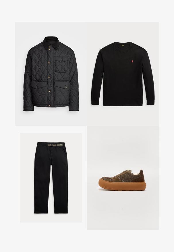 Melnā quiltota jaka ar velveteena apkakli, zeltītām spiedpogas, divām priekšējām kabatām un kabatu kreisajā pusē, ar logotipa uzlīmi.; Melnas garās piedurknes T-krekls no kokvilnas. Iezīmēts ar apaļu kakla izgriezumu, ribotiem piedurknēm un mazu sarkanu izšūtu logotipu uz krūts. Gluda tekstūra.; Melnas bikses, izgatavotas no viegla auduma, ar elastīgu jostu un integrētu zaļu jostu, taisna piegriezuma un sānu kabatām.; Brūni zamšādas un teksturētas auduma sporta apavi ar biezu brūnu gumijas zoli, ar tonālām šuvēm un apaļām brūnām pēdām.