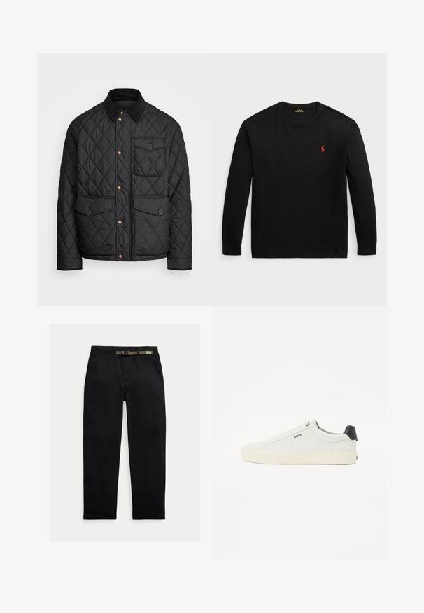 Black quilted jacket with a corduroy collar, gold snap buttons, two front pockets, and a pocket on the left side, featuring a logo patch.; Black long-sleeve t-shirt made of cotton. Features a crew neck, ribbed cuffs, and a small red embroidered logo on the chest. Smooth texture.; Black pants made of lightweight fabric, featuring an elastic waistband with an integrated green belt, straight-leg cut, and side pockets.; White leather sneaker with a textured finish, featuring a black heel cap, round toe, and branded side logo in black. Lightweight rubber sole.