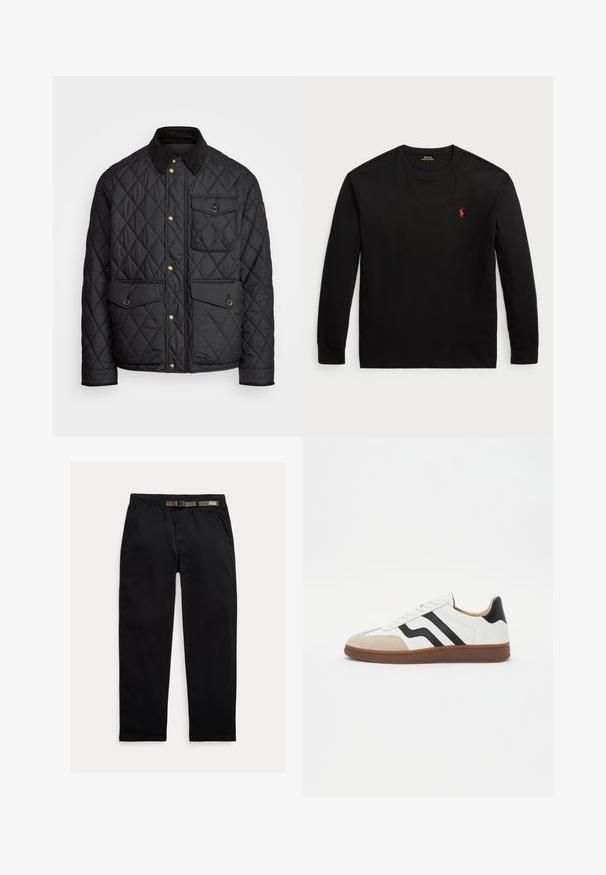 Schwarze gesteppte Jacke mit einem Cordkragen, goldenen Druckknöpfen, zwei Fronttaschen und einer Tasche auf der linken Seite, die ein Logopatch aufweist.; Schwarzes Langarm-T-Shirt aus Baumwolle. Verfügt über einen Rundhals, gerippte Bündchen und ein kleines rotes gesticktes Logo auf der Brust. Glatte Textur.; Schwarze Hose aus leichtem Material, mit einem elastischen Bund und einem integrierten grünen Gürtel, geradem Beinabschluss und seitlichen Taschen.; Weißer Sneaker mit schwarzen Streifenakzenten, Wildleder-Zehenkappe und brauner Gummisohle. Glattes Lederoberteil mit rundem Design.