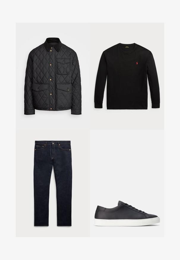 Svart quiltad jacka med en kordflöjelskrage, gyllene tryckknappar, två framfickor och en ficka på vänster sida, försedd med en logotypapplikation.; Svart långärmad t-shirt i bomull. Har en crew-neck, ribbade ärmslut och en liten röd broderad logotyp på bröstet. Slät yta.; Mörkblå denimjeans med rak bendesign, som har fem fickor, kopparfärgade sömmar och en knappstängning i midjan.; Svarta lädersneakers med låg profil, rund tå, vit gummisul och platta snören. Diskreta logodetaljer på sidan och tungan.