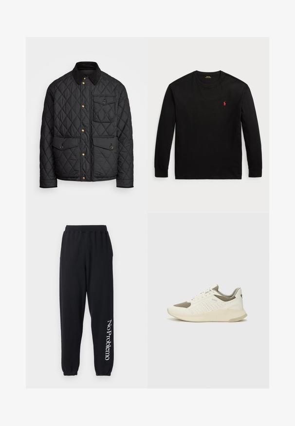 Svart quiltad jacka med en kordflöjelskrage, gyllene tryckknappar, två framfickor och en ficka på vänster sida, försedd med en logotypapplikation.; Svart långärmad t-shirt i bomull. Har en crew-neck, ribbade ärmslut och en liten röd broderad logotyp på bröstet. Slät yta.; Svarta sweatpants tillverkade av mjukt material, med en tapered design och elastiska muddar. "No Problemo" tryckt i vitt längs vänstra benet.; Vit och ljusbeige atletisk sneaker med ett meshöverdrag, perforerade detaljer och en texturerad mellansula med varumärke på hälen.