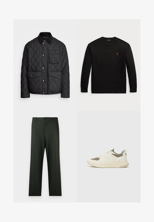 Veste noire matelassée avec un col en velours côtelé, des boutons-pression dorés, deux poches avant et une poche sur le côté gauche, avec un patch logo.; T-shirt noir à manches longues en coton. Il possède un col rond, des poignets côtelés et un petit logo rouge brodé sur la poitrine. Texture lisse.; Pantalon vert foncé à coupe droite, avec une fermeture à boutons devant, des passants pour ceinture, et un tissu lisse légèrement texturé.; Basket de sport blanche et beige clair, avec une tige en maille, des détails perforés et une semelle intermédiaire texturée avec un logo sur le talon.