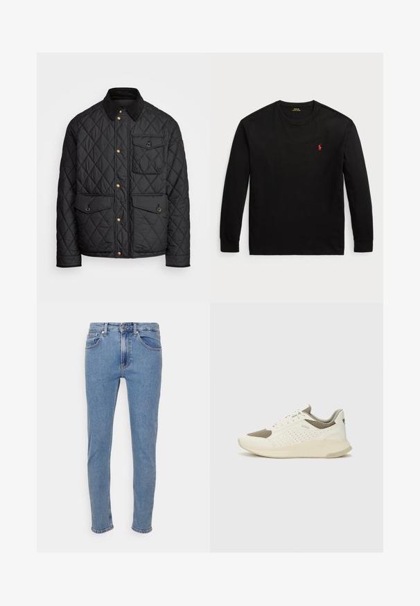 Must mustriga jakk, millel on sametkaelus, kuldsed nööbid, kaks eesmist taskut ja tasku vasakul küljel, millel on logotäht.; Must t-särk, millel on pikad varrukad ja mis on valmistatud puuvillast. Omab ümarat kaelaäärt, soonikku üles keeratud varrukaotsi ja väikest punast tikandiga logo rinnal. Sile tekstuur.; Heledad helesinised slim-fit teksad, millel on eesnupp ja lukku, ees- ja tagataskud, esitatud valgel taustal.; Valge ja heledat beeži värvi spordijalats, millel on õhuke võrkmaterjal, perforatsioonidega detailid ning tekstuuriga vahetald, millel on brändi logo kannaosas.