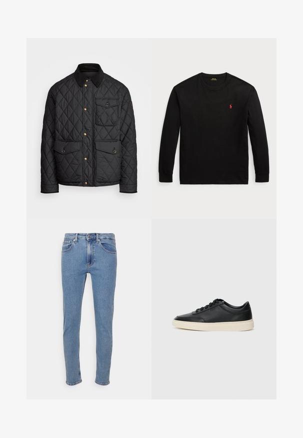 Svart quiltad jacka med en kordflöjelskrage, gyllene tryckknappar, två framfickor och en ficka på vänster sida, försedd med en logotypapplikation.; Svart långärmad t-shirt i bomull. Har en crew-neck, ribbade ärmslut och en liten röd broderad logotyp på bröstet. Slät yta.; Ljust blå smala jeans med framknäppning och dragkedja, fram- och bakfickor, visade mot vit bakgrund.; Svart låg skor i läder med svarta snören och off-white sula, visas i sidoprofil på vit bakgrund.