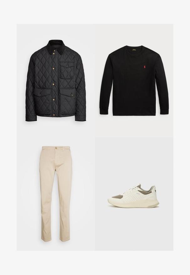Fekete steppelt dzseki corduroy gallérral, arany snap gombokkal, két elülső zsebbel és egy bal oldali zsebbel, logó jelvénnyel.; Fekete, hosszú ujjú pamut póló. Kerek nyakkal, bordás mandzsettákkal és egy kis piros hímzett logóval rendelkezik a mellrészen. Sima tapintású.; Beige színű pamut chinos nadrág egyenes szárú kialakítással, gombos záródással és finom textúrával. Nincs látható minta vagy kiegészítő.; Fehér és világos bézs sportcipő, légies hálós felsőrésszel, perforált részletekkel és texturált középtalppal, amelyen a saroknál a márka logója található.