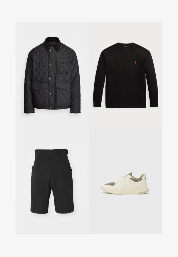 Melnā quiltota jaka ar velveteena apkakli, zeltītām spiedpogas, divām priekšējām kabatām un kabatu kreisajā pusē, ar logotipa uzlīmi.; Melnas garās piedurknes T-krekls no kokvilnas. Iezīmēts ar apaļu kakla izgriezumu, ribotiem piedurknēm un mazu sarkanu izšūtu logotipu uz krūts. Gluda tekstūra.; Melnas cargo šortas, kas izgatavotas no viegla auduma, ar vairākiem kabatām, pogu aizdari un brīvu piegriezumu līdz ceļiem.; Baltas un gaiši bež sporta apavi, ar sieta augšdaļu, perforētiem detaļām un teksturētu vidusdaļu ar zīmolu uz papēža.