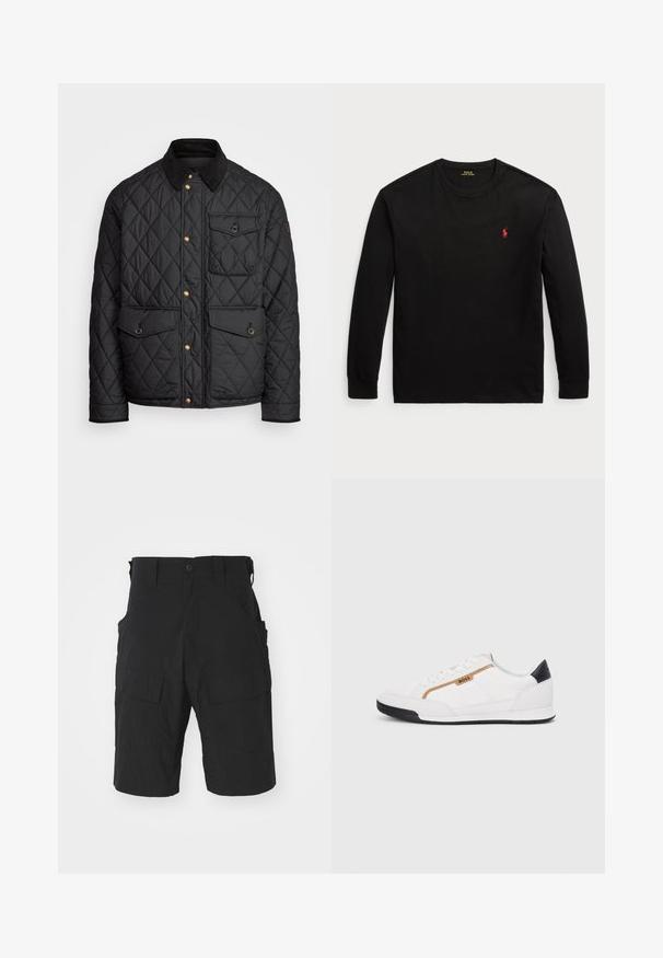 Musta tikattu takki, jossa on samettikaulus, kultaiset napit, kaksi etutaskua ja tasku vasemmalla puolella, jossa on logopatch.; Musta pitkähihaisen t-paita 100 % puuvillaa. Ominaisuuksiin kuuluu pyöreä pääntie, ribatut hihansuut ja pieni punainen brodeerattu logo rinnassa. Silkkinen pinta.; Mustat cargo-shortsit, jotka on valmistettu kevyestä kankaasta. Niissä on useita taskuja, nappisuljenta ja rento istuvuus polvipituudella.; Valkoiset urheilukengät, joissa on verkkokudosta ja nahkaosia. Varustettu kultaisella "BOSS"-logolla, tekstuurillisilla sivupaneeleilla ja mustalla kantapäällä. Kumikanta.