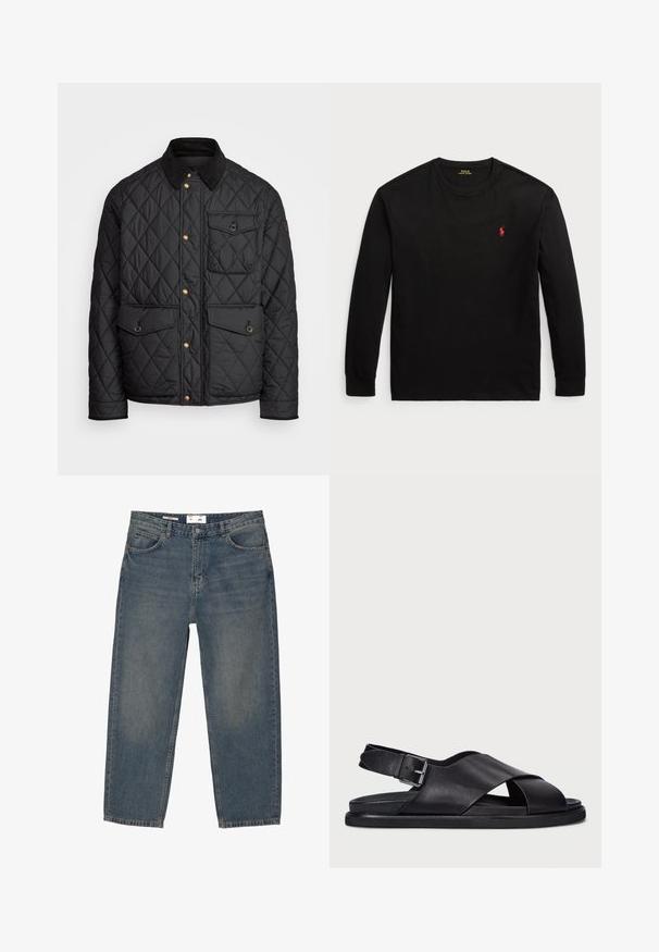 Giacca nera trapuntata con colletto in corduroy, bottoni a pressione dorati, due tasche frontali e una tasca sul lato sinistro, con un patch del logo.; T-shirt nero a maniche lunghe in cotone. Presenta un collo tondo, polsini a coste e un piccolo logo rosso ricamato sul petto. Texture liscia.; Jeans in denim blu con vestibilità ampia, caratterizzati da un classico design a cinque tasche e un leggero sbiadimento. Inclusa chiusura con bottone e passanti per cintura.; Polo Ralph Lauren ZANE LEATHER SANDAL - Sandali - black