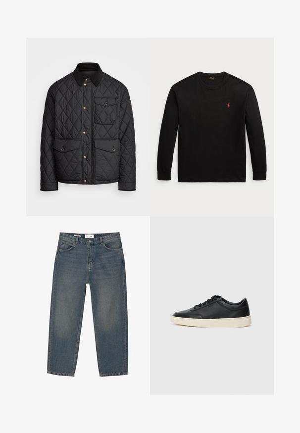 Zwarte gewatteerde jas met een corduroy kraag, gouden drukknoopsluitingen, twee voorzakken en een zak aan de linkerkant, voorzien van een logo patch.; Zwarte longsleeve t-shirt van katoen. Heeft een ronde hals, ribgebreide manchetten en een klein rood geborduurd logo op de borst. Vlotte textuur.; Blauwe spijkerbroek met een ruime pasvorm, met een klassieke vijf-pocketontwerp en minimale vervaging. Inclusief een knoopsluiting en riemlussen.; Zwarte leren sneaker met lage schacht, zwarte veters en off-white zool, weergegeven in zijprofiel op een witte achtergrond.