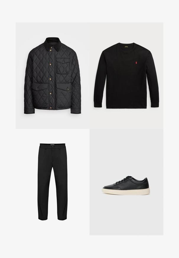 Black quilted jacket with a corduroy collar, gold snap buttons, two front pockets, and a pocket on the left side, featuring a logo patch.; Black long-sleeve t-shirt made of cotton. Features a crew neck, ribbed cuffs, and a small red embroidered logo on the chest. Smooth texture.; Black trousers with a straight leg design, featuring a button closure, side pockets, and a smooth texture. Elastic waistband detail included.; Black low-top leather sneaker with black laces and off-white sole shown in side profile on white background.