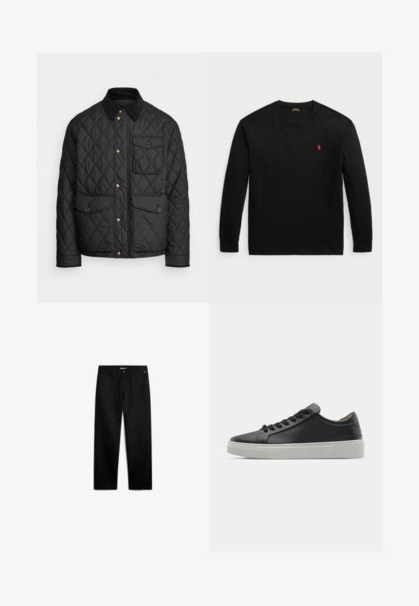 Sort quiltet jakke med en corduroy krave, guld trykknapper, to frontlommer og en lomme på venstre side, udstyret med et logo patch.; Sort langærmet t-shirt lavet af bomuld. Har en rund halsudskæring, ribbede manchetter og et lille rødt broderet logo på brystet. Glat tekstur.; Sort bomuldsbukser med lige pasform, lynlås og forlommer. Glat tekstur, ingen synlige mønstre og minimal hardware.; Sort lædersneaker med en glat overflade, rund tå og sorte snørebånd. Har en tykk, hvid gummisål med subtile geometriske detaljer.