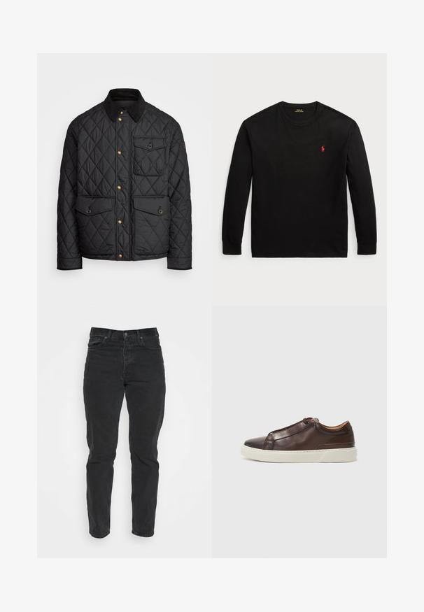 Must mustriga jakk, millel on sametkaelus, kuldsed nööbid, kaks eesmist taskut ja tasku vasakul küljel, millel on logotäht.; Must t-särk, millel on pikad varrukad ja mis on valmistatud puuvillast. Omab ümarat kaelaäärt, soonikku üles keeratud varrukaotsi ja väikest punast tikandiga logo rinnal. Sile tekstuur.; Mustad teksad sirge lõikega, viie taskuga, esise nööbiga ja kontrastõmblustega. Sile tekstuur, kerge kulumisega.; Prune nahkaseelikud ümmarguse varbaga, kontrastse valge kummitaldaga, õmmeldud detailide ja nähtamatute paeltega. Üldiselt sile tekstuur.